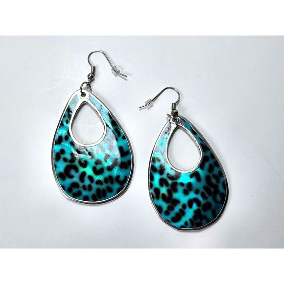 Teardrop Mother of Pearl Earrings Blue Leopard Print Dangle Hook 2.25” Boho Chic - Picture 1 of 5